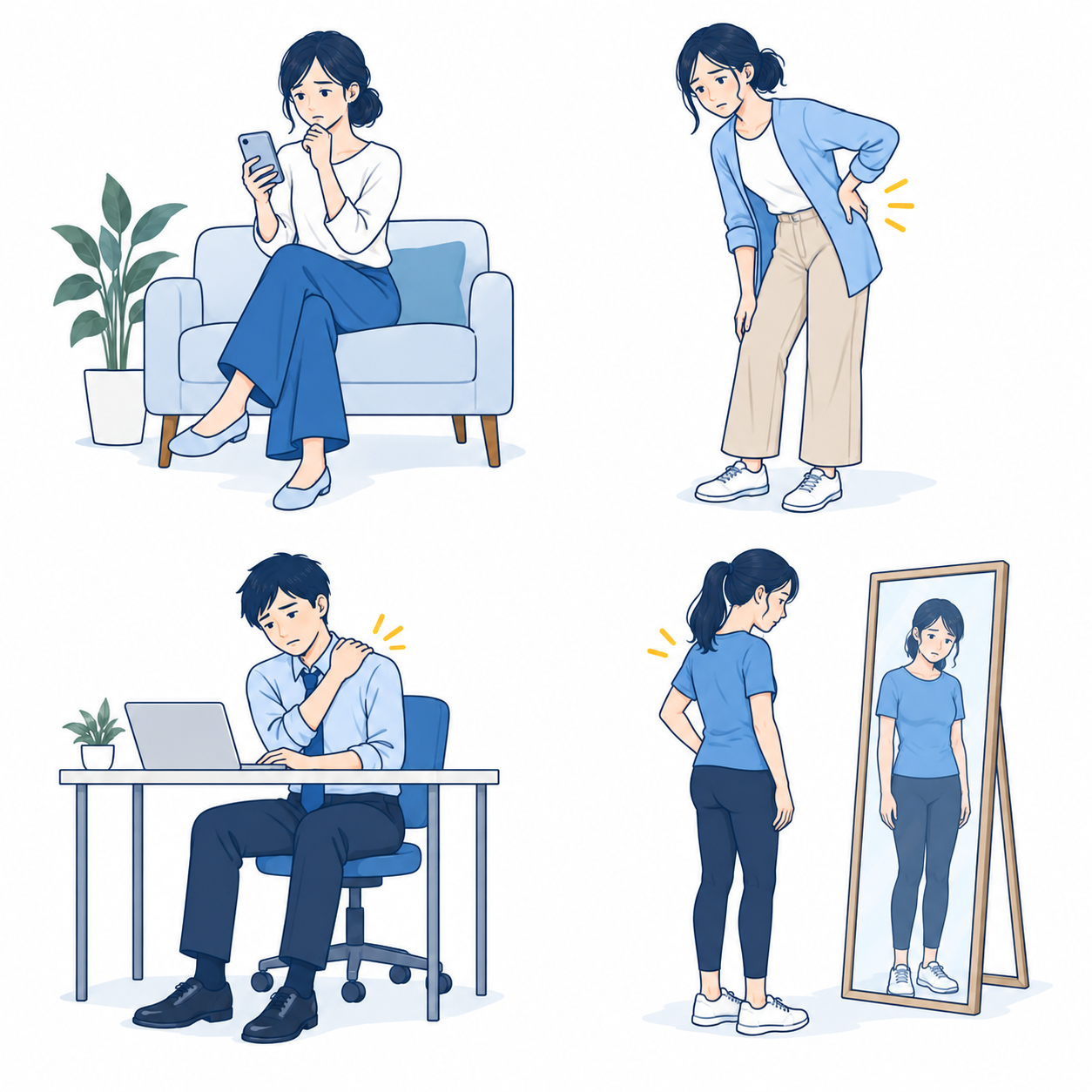 腰に手を当て、腰痛を気にしている女性